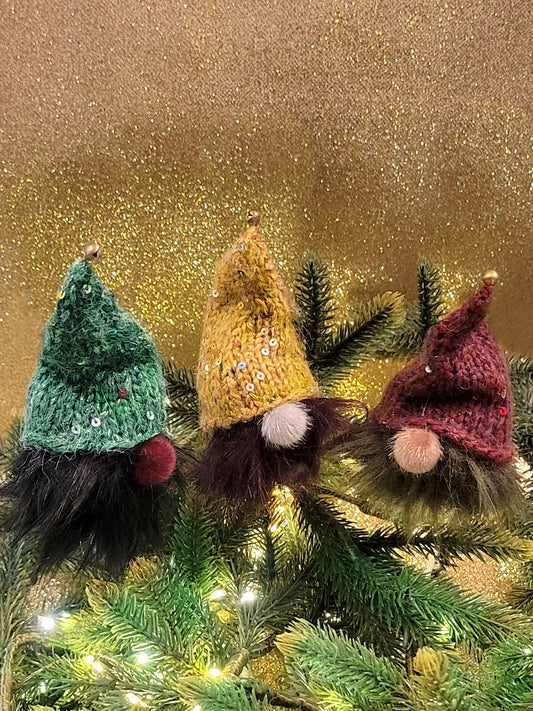 Pompom Gnomes w/ Sparkly Hats: VINTAGE - Set of THREE {knit kit}